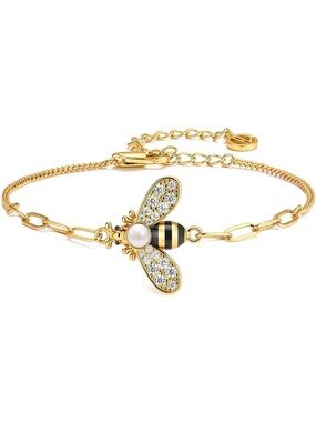 Anthropologie Gold Bee Bracelet with Pearl and Crystal Wings
